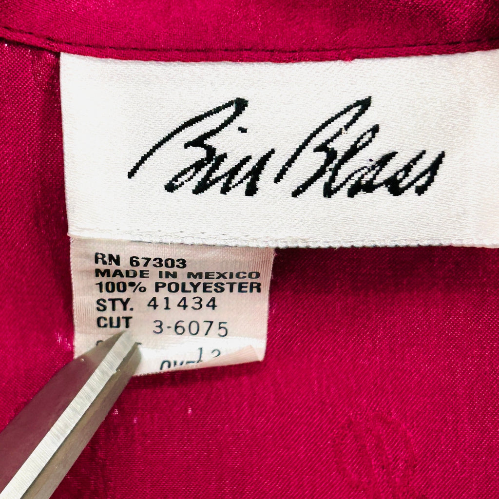Vintage 80s Bill Blass Magenta Satin Monogram Jacquard Blouse