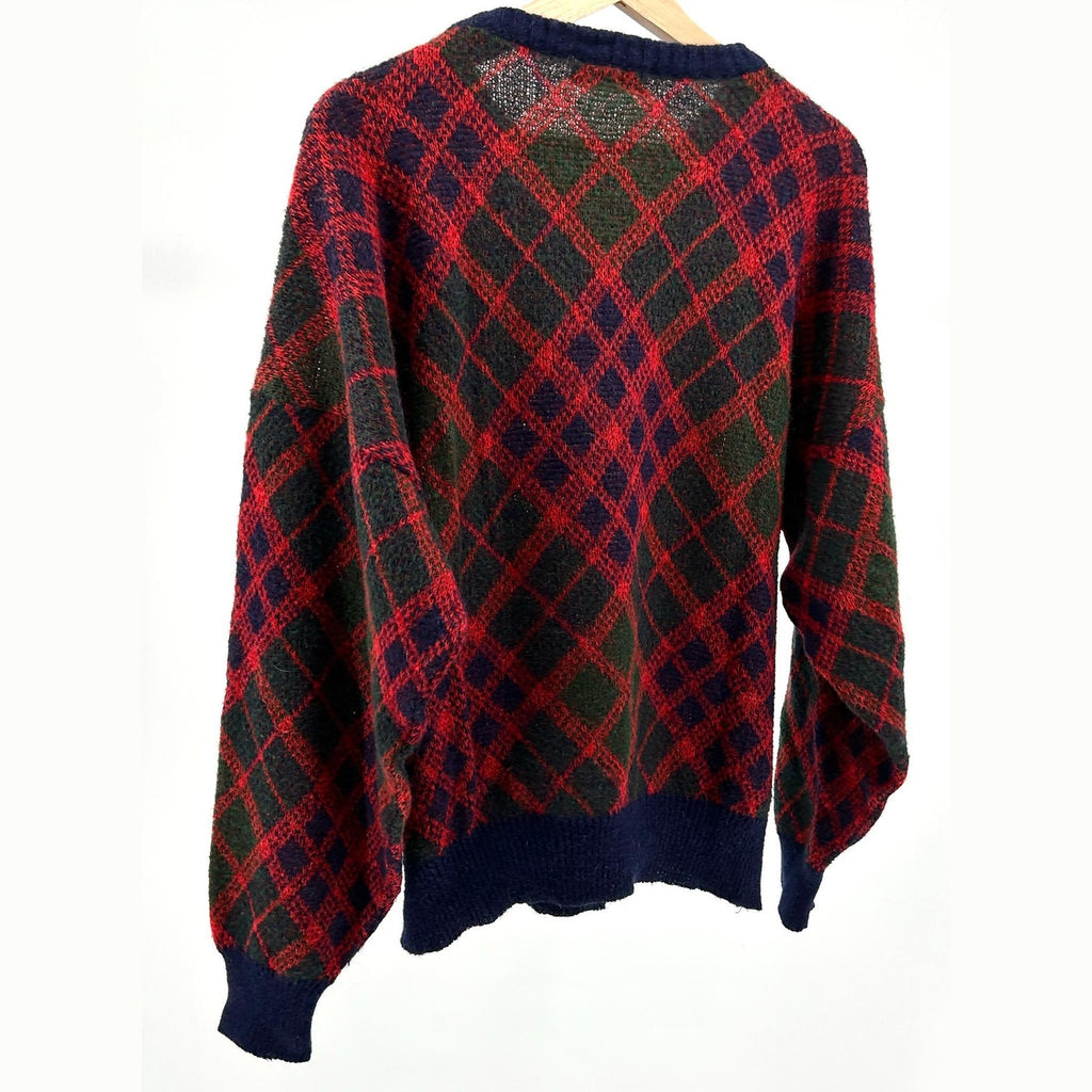 Vintage 90s Bethlehem Knitwear Red Navy Argyle Mohair Blend Sweater