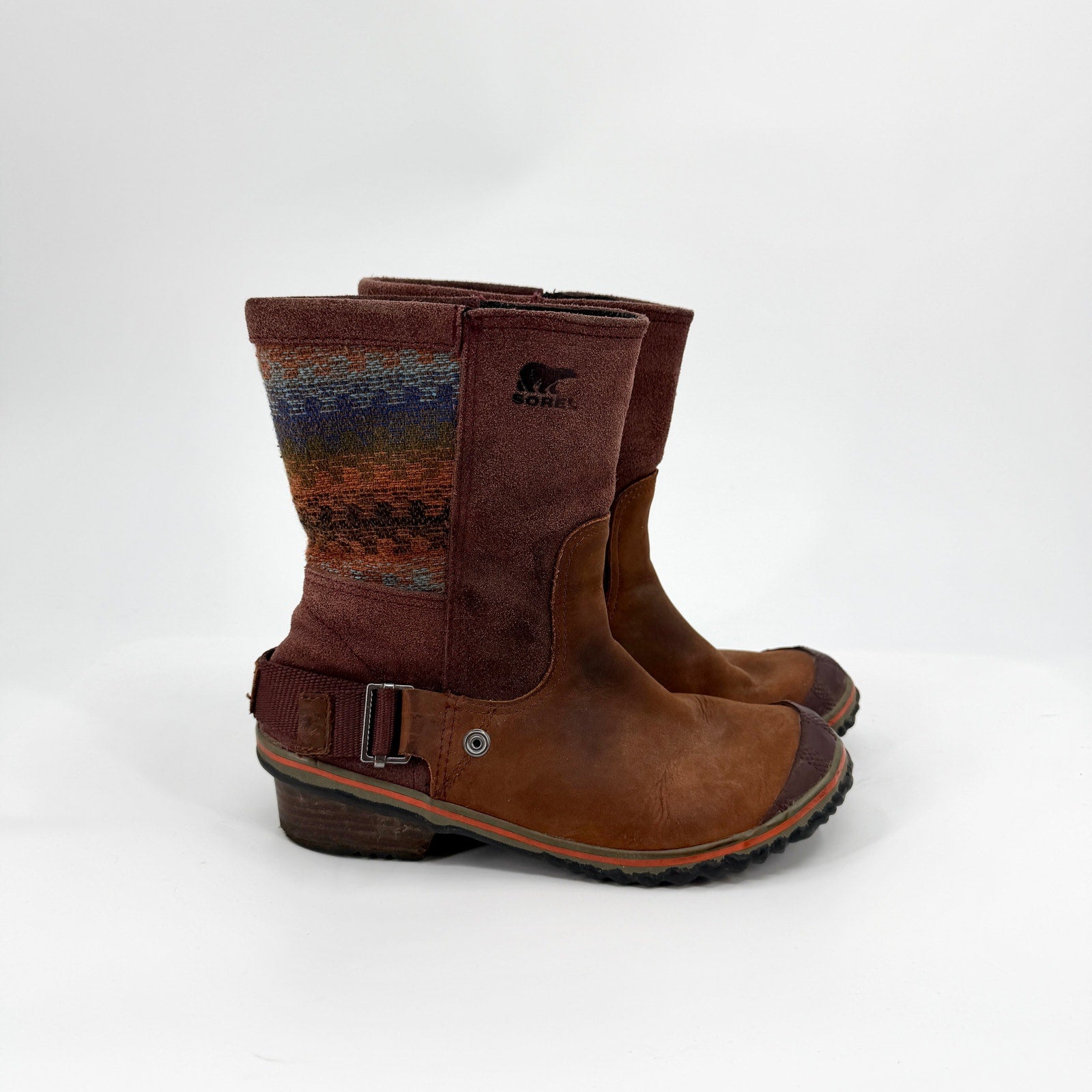 Sorel Brown Genuine Leather Suede Southwestern Woven Pull On Boots