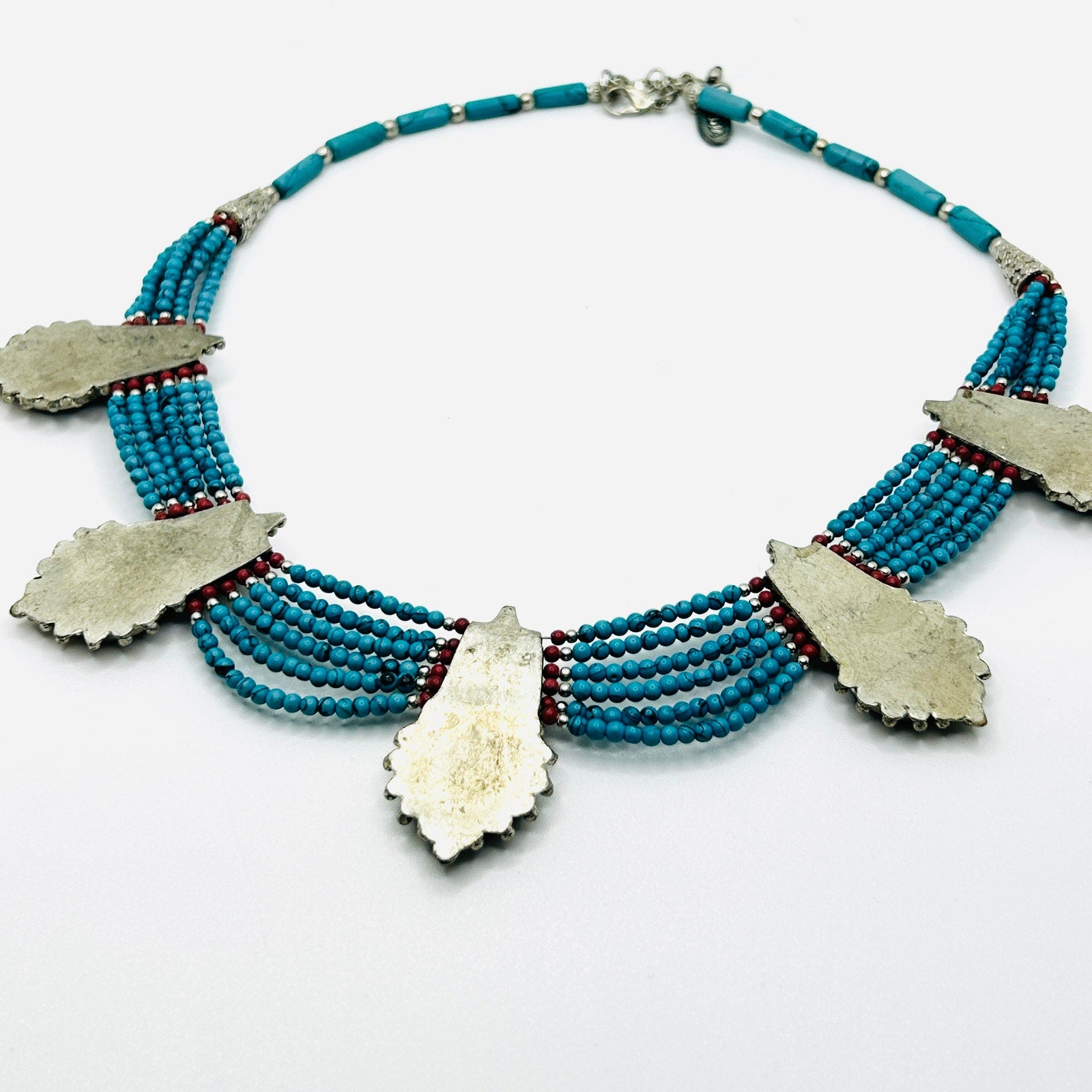 Tribal Ethnic Intricate Silver Talisman Necklace inlayed with Turquoise chips