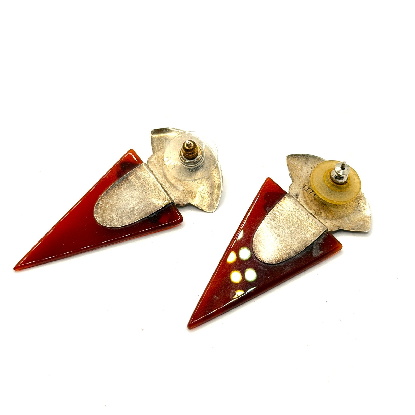 Vintage 90s Amber Resin Sterling Silver Carnelian Art Deco Revival Stud Earrings