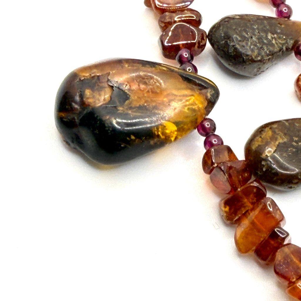 Vintage 90s Raw Amber Garnet Organic Double Strand Toggle Statement Necklace