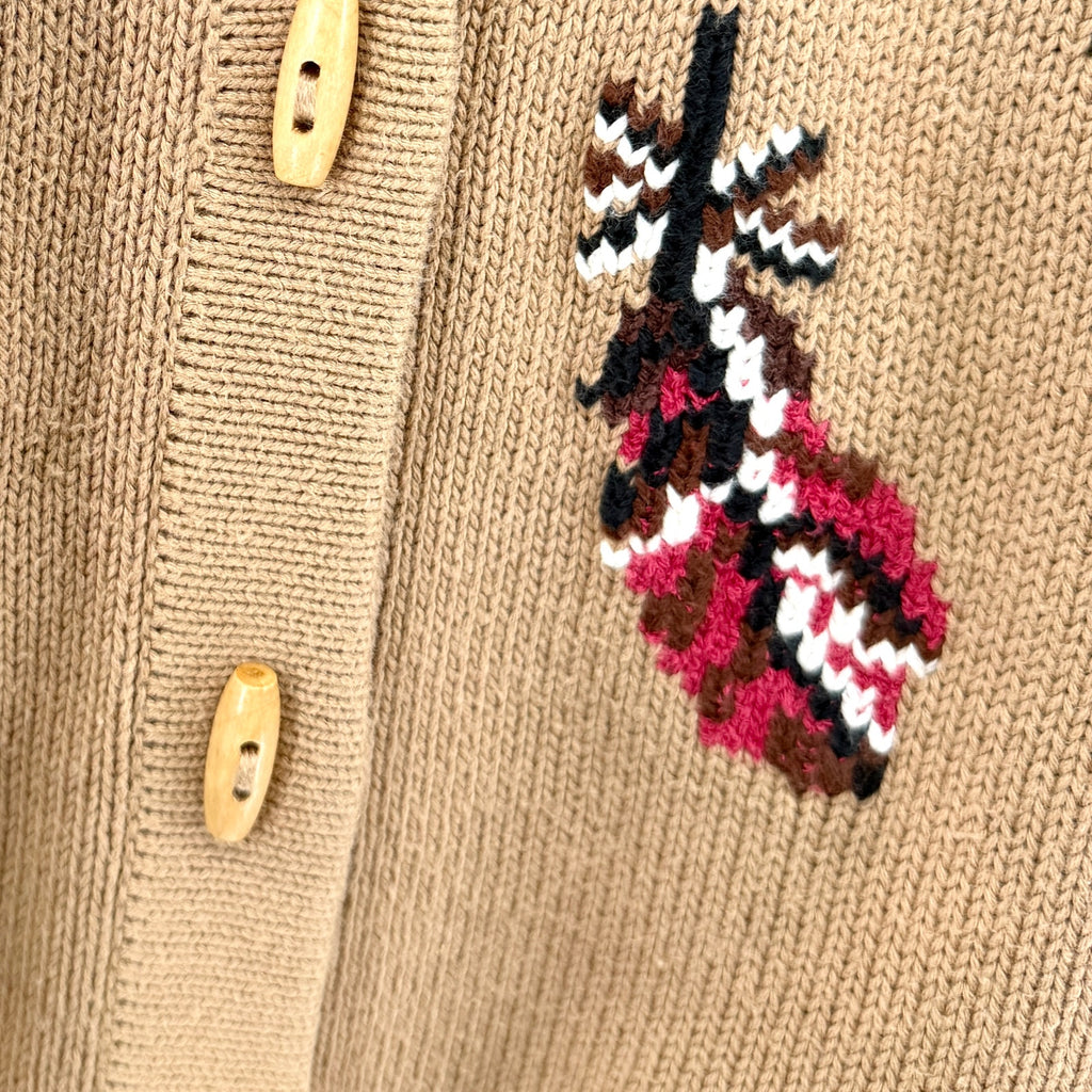 Vintage 90s First Issue Tan Brown 100% Cotton Toggle Knit Cardigan