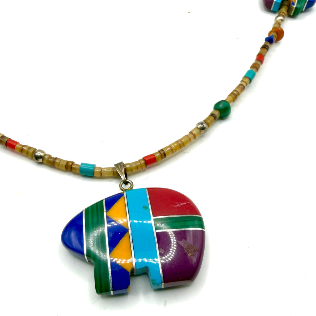 Vintage 90s Multi Stone Inlay Zuni Bear Heishe Fetish Strand Pendant Necklace