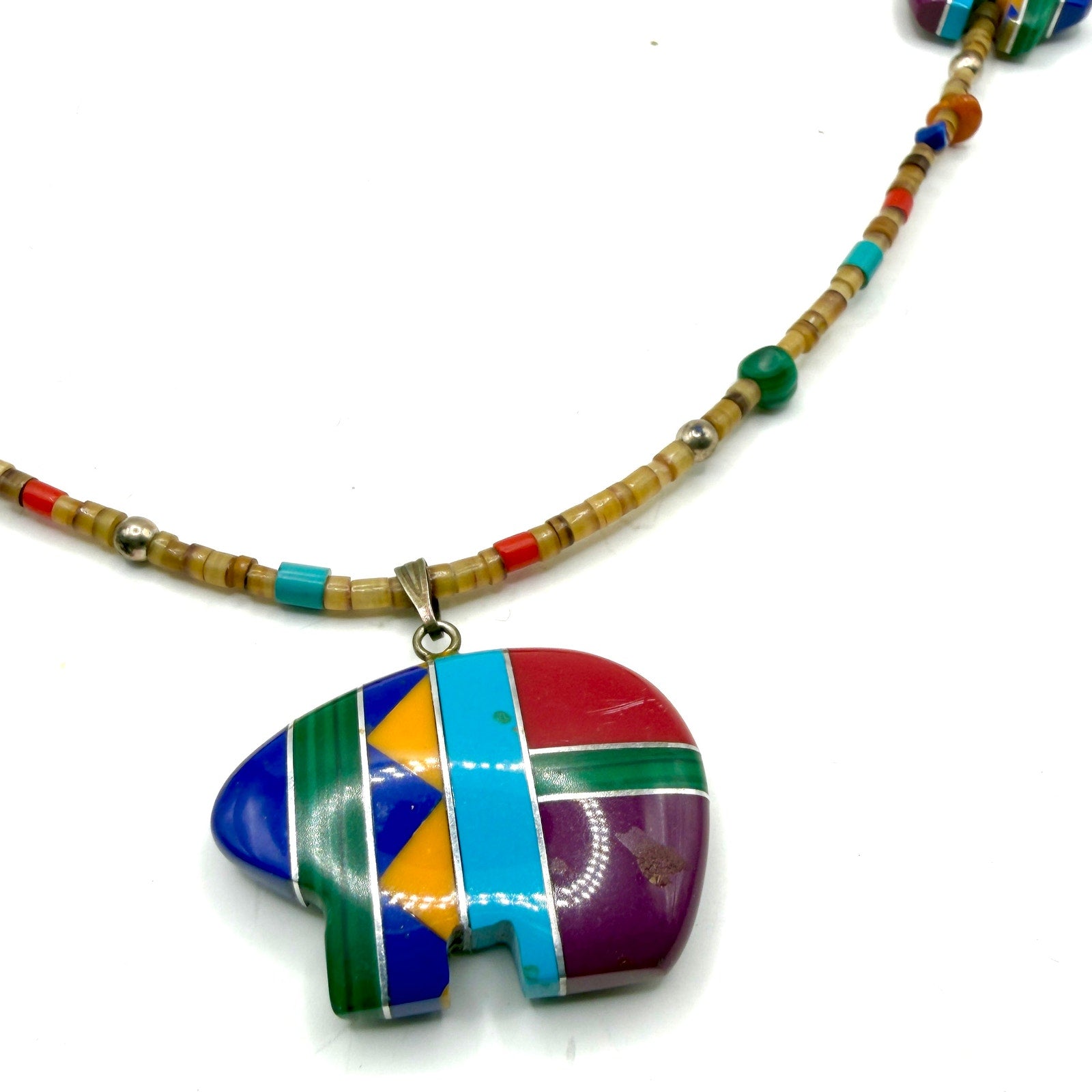 Vintage 90s Multi Stone Inlay Zuni Bear Heishe Fetish Strand Pendant Necklace