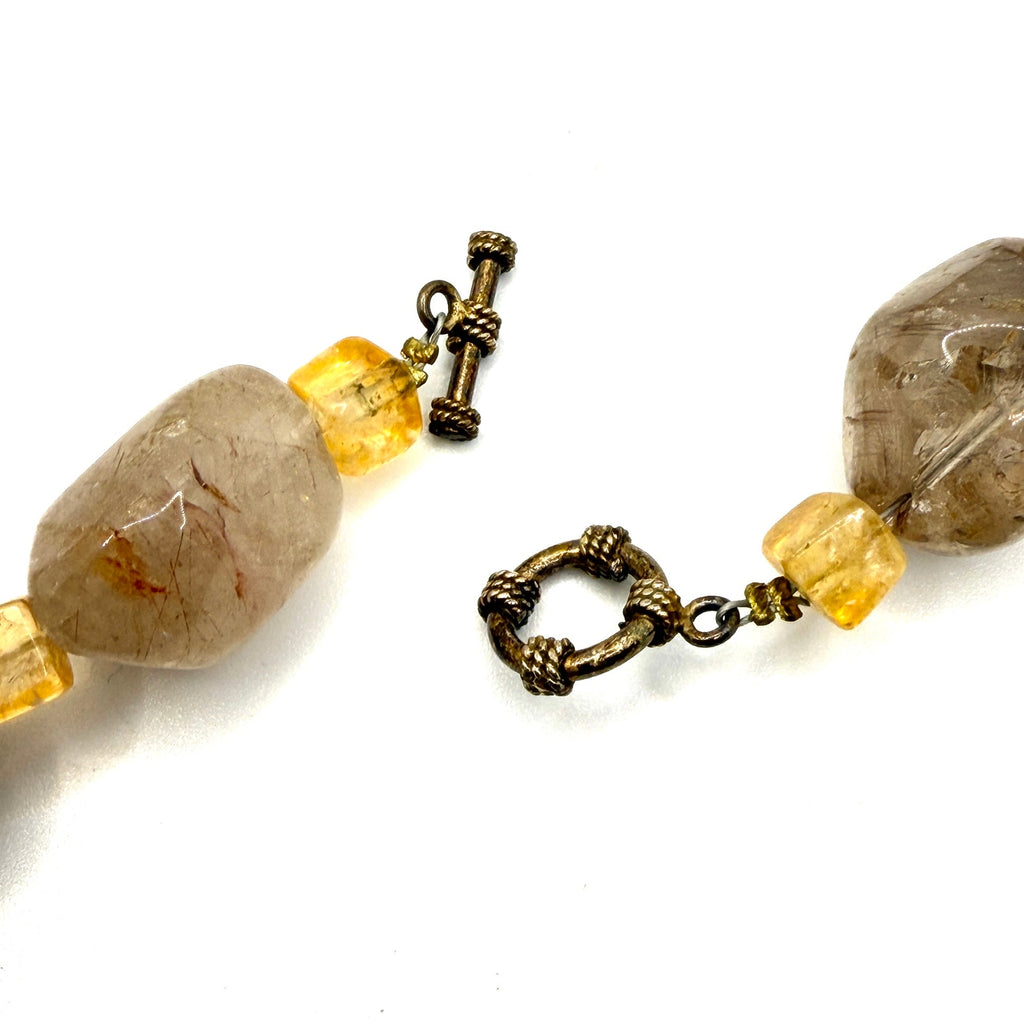 Vintage 90s Brown Gold Rutilated Quartz Citrine Chunky Nugget Statement Necklace