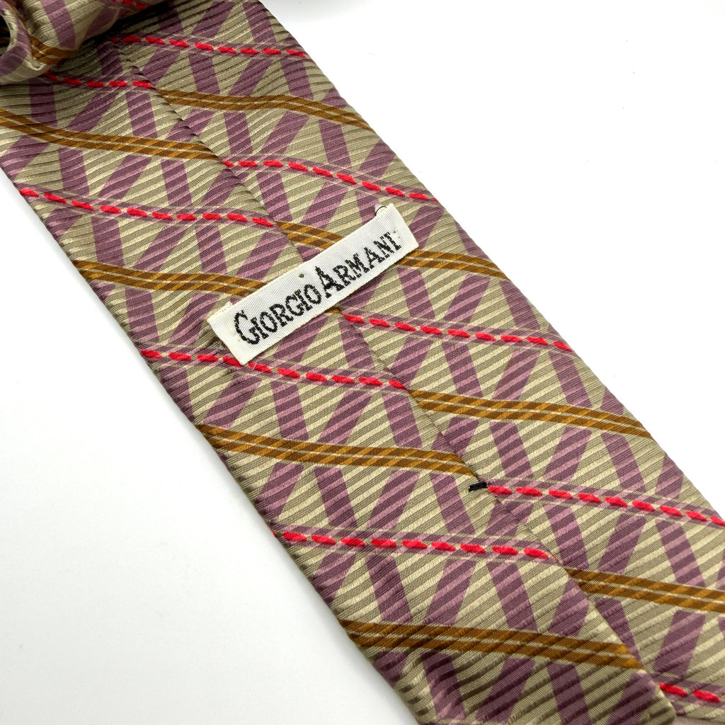 Vintage 90s Giorgio Armani Beige Purple Skinny Geometric 100% Silk Luxury Tie
