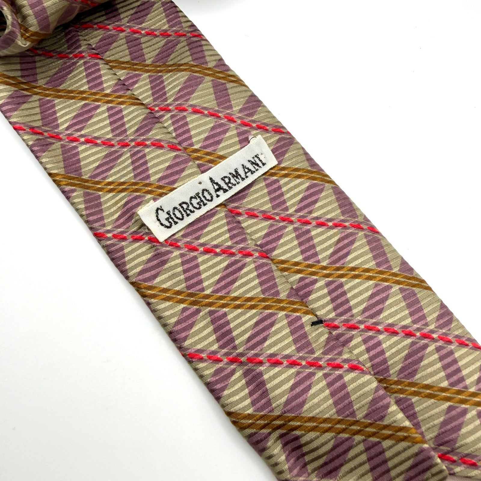 Vintage 90s Giorgio Armani Beige Purple Skinny Geometric 100% Silk Luxury Tie