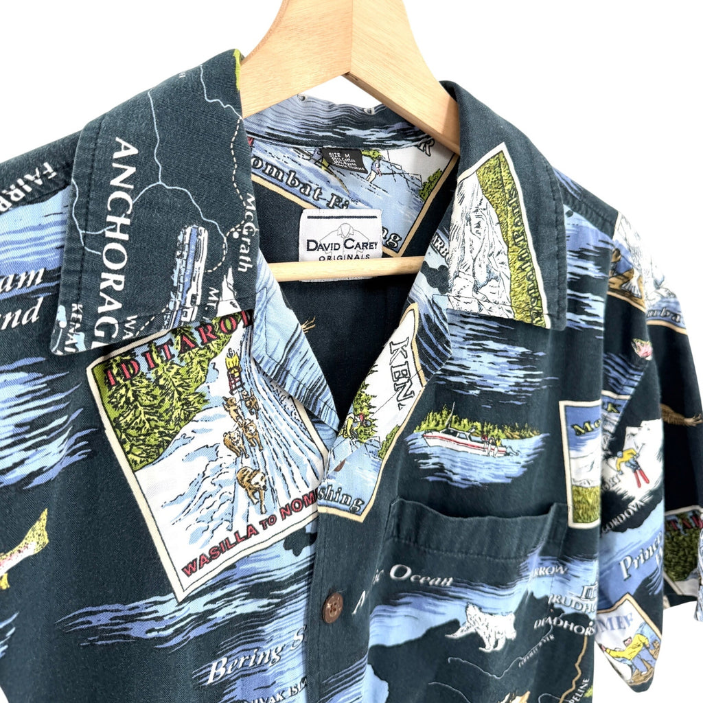 Vintage 90s David Carey Black Alaska Map Novelty Print Button Up Shirt