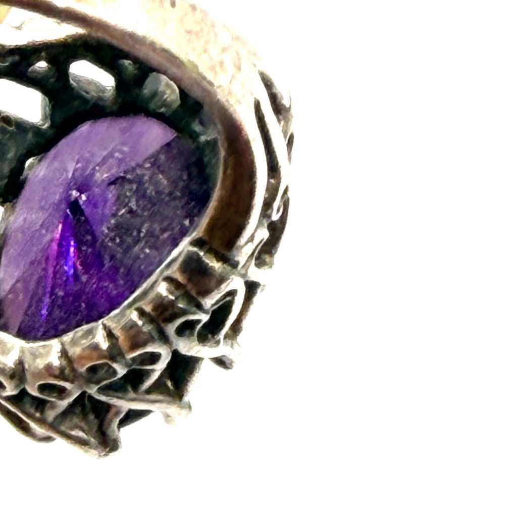Vintage 70s Stamped Sterling Silver Amethyst Filigree Cocktail Statement Ring