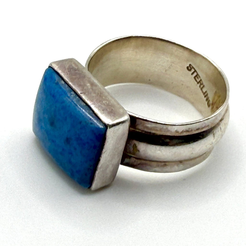 Vintage 90s Blue Lapis Sterling Silver Stamped Boho Statement Ring