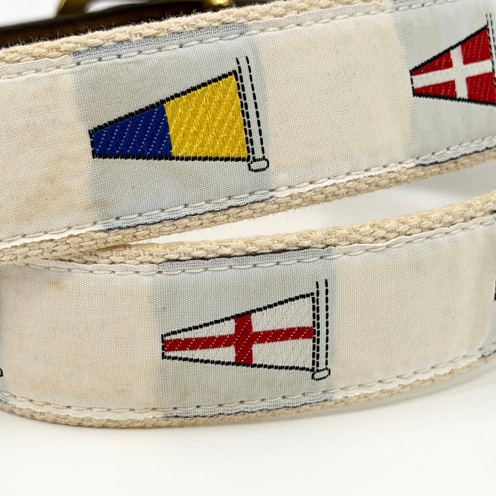 Vintage 90s White Woven Nautical Signal Flag Canvas Leather Trim Belt
