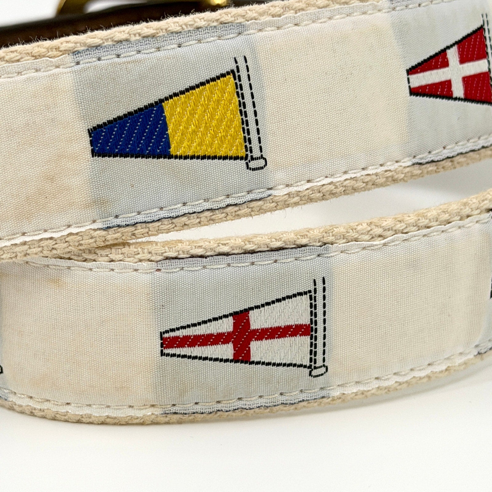 Vintage 90s White Woven Nautical Signal Flag Canvas Leather Trim Belt