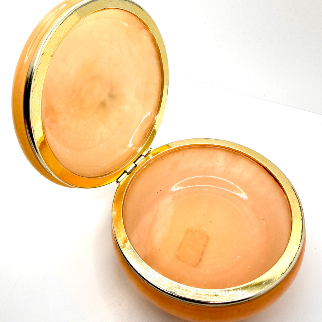 Vintage 70s Italian Hand Carved Peach Alabaster Hand Painted Round Trinket Box