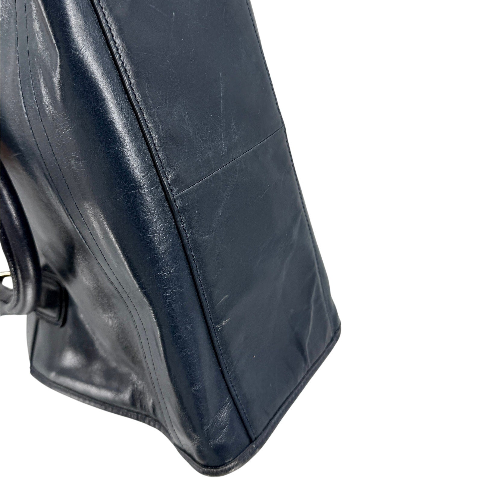 Cole Haan Navy Blue Genuine Leather Minimalist Push Lock Satchel Crossbody Bag