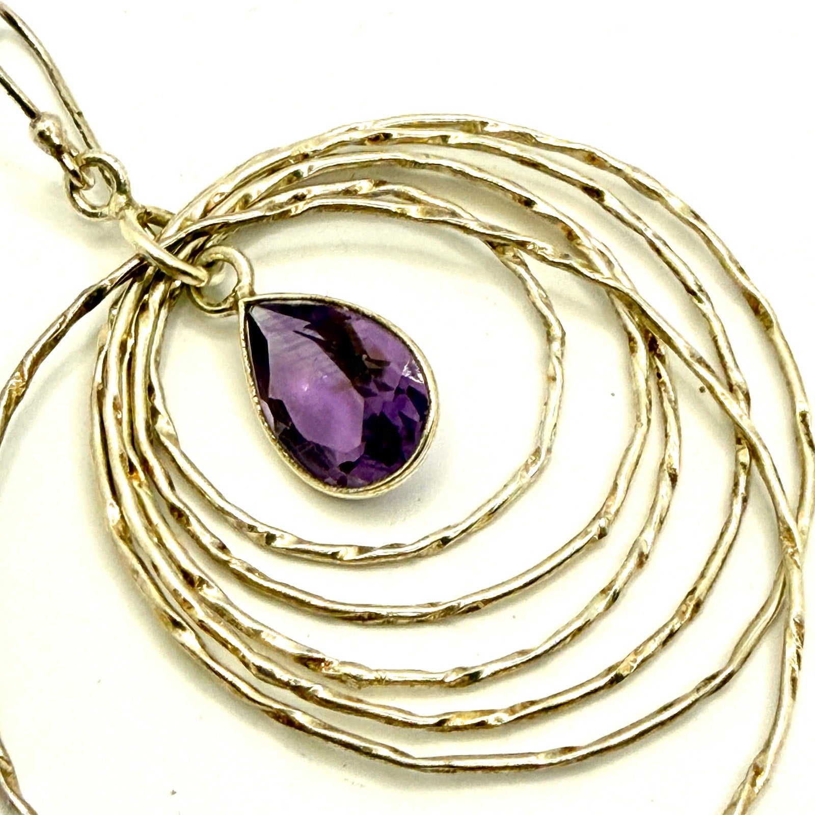 Vintage 90s Sterling Silver Amethyst Hammered Concentric Ring Drop Earrings