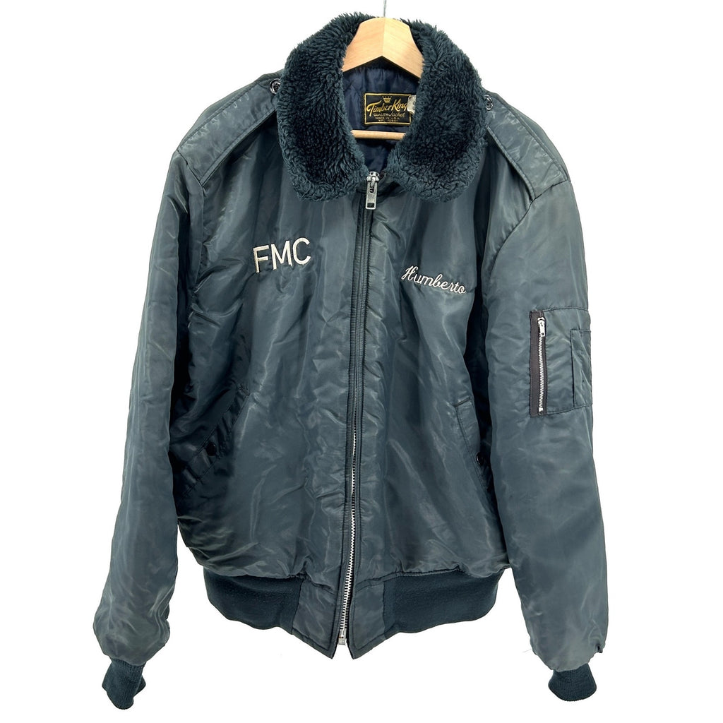 Vintage 1970s Timber King Navy Quilted Faux Fur Collar Bomber Jacket