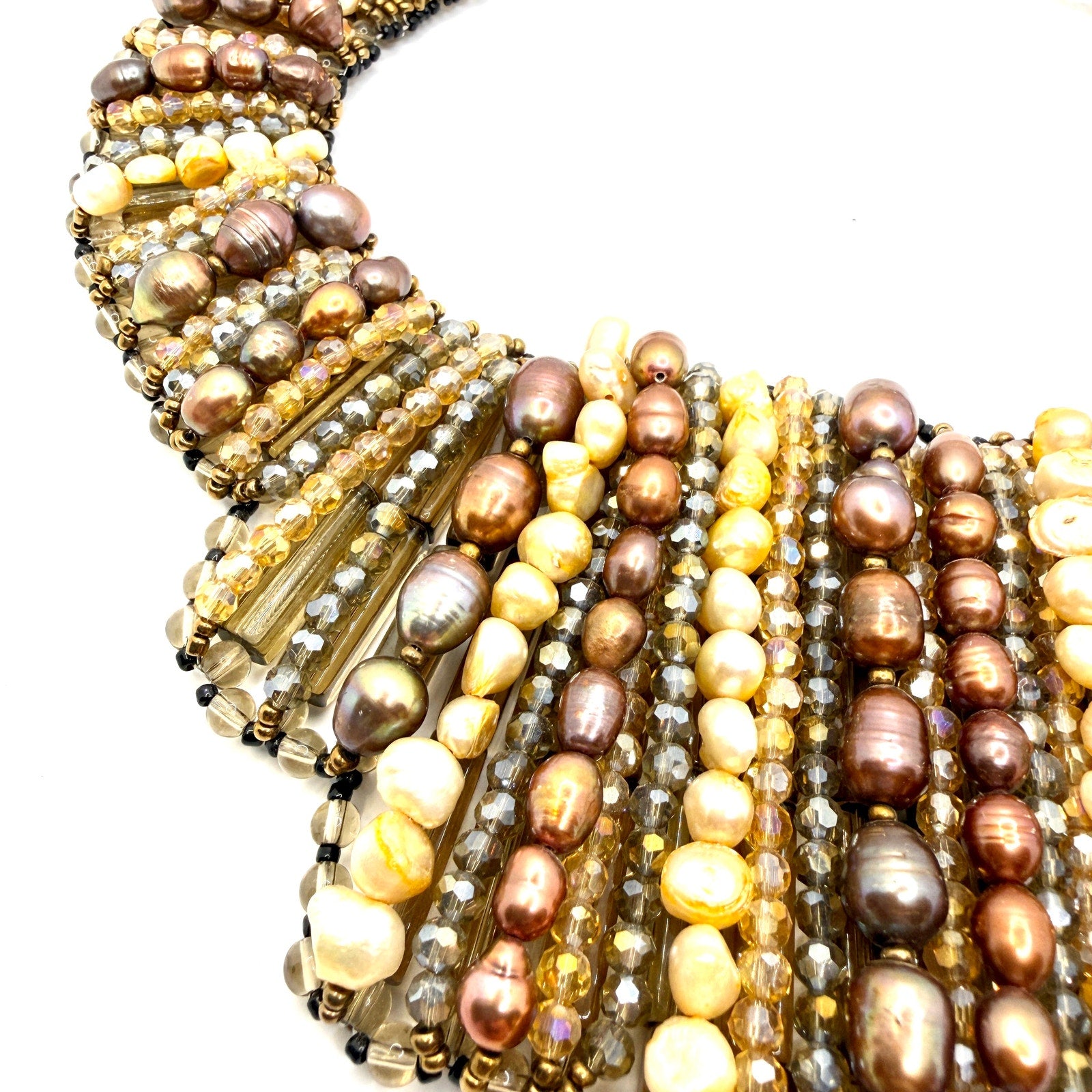 Vintage 90s Multi-Strand Genuine Pearl Glass Bib Statement Necklace