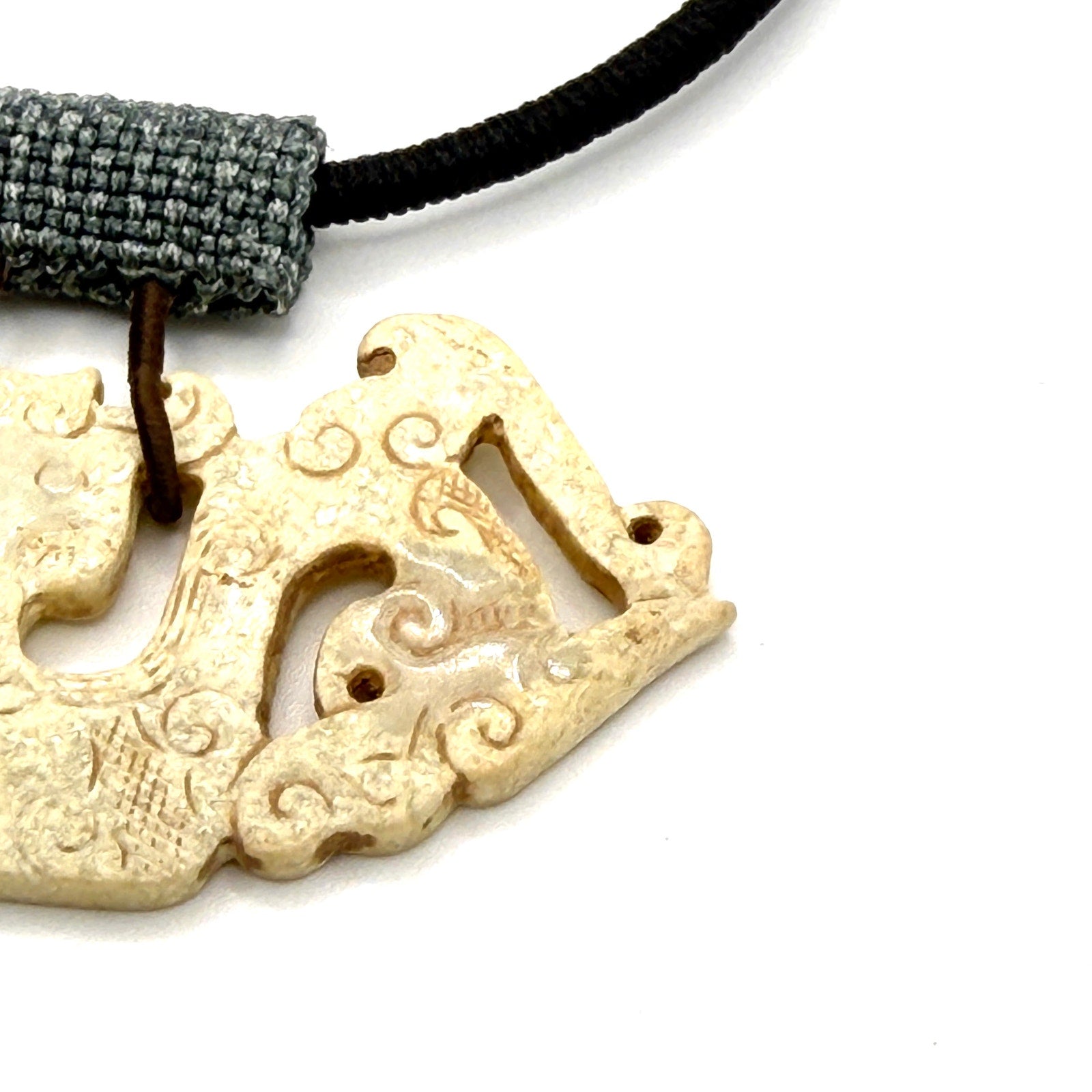 Hand Carved Cream Stone Chinese Dragon Huang Necklace