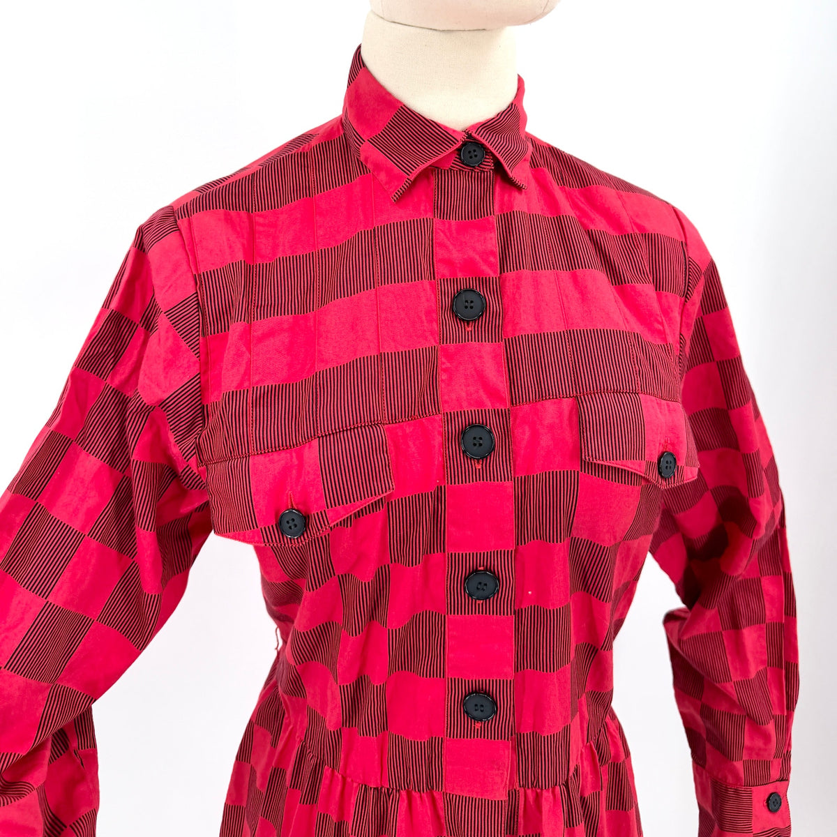 Vintage 80s Albert Nipon Red 100% Cotton Checkerboard Shirt Dress