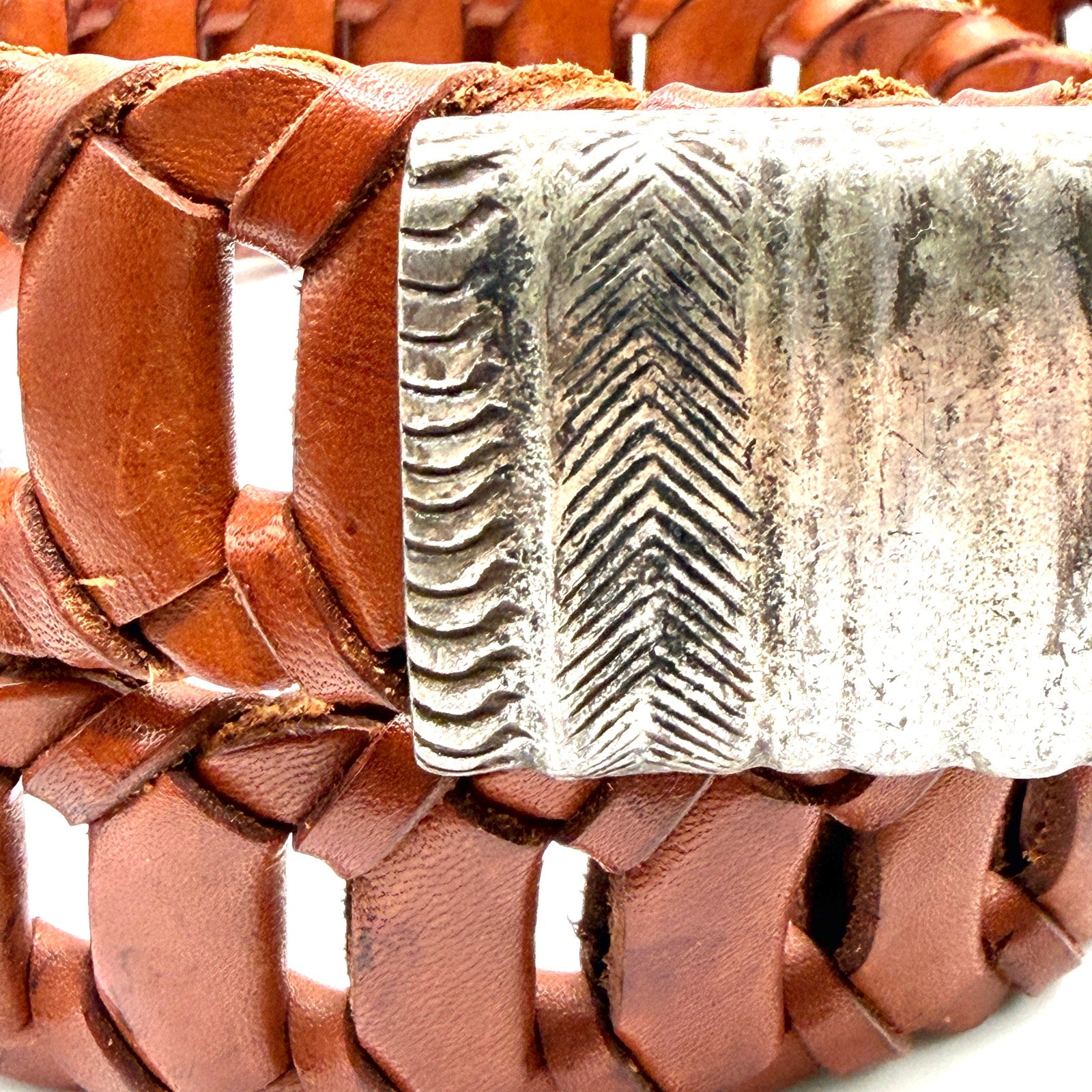 Vintage 90s Brown Genuine Leather Tribal Southwestern Heavy Cast Buckle Belt