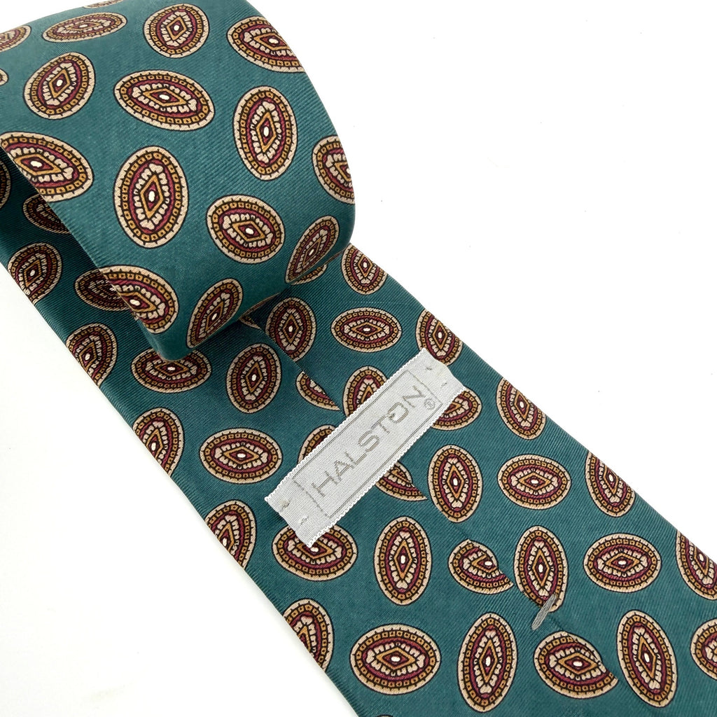 Vintage 90s Halston Blue Green Foulard Geometric Silk Tie