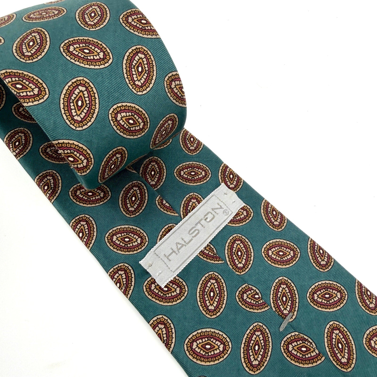 Vintage 90s Halston Blue Green Foulard Geometric Silk Tie