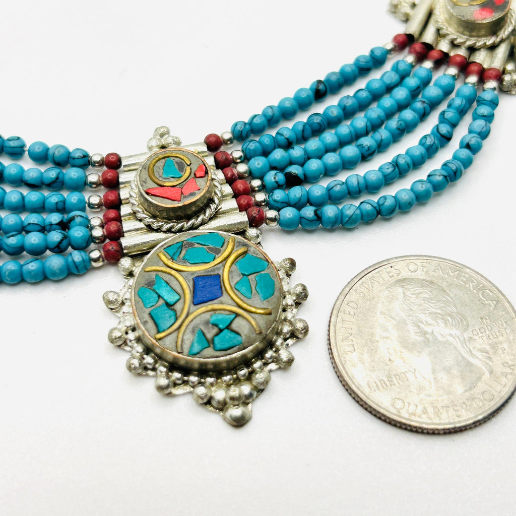 Tribal Ethnic Intricate Silver Talisman Necklace inlayed with Turquoise chips