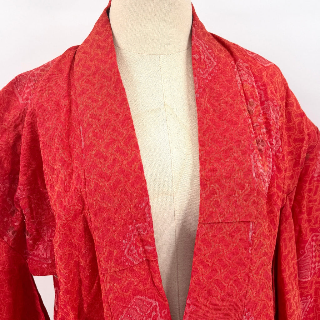 Vintage 50s Showa Era Red Orange 100% Woven Tsumugi Silk Kasuri Ikat Kimono Robe