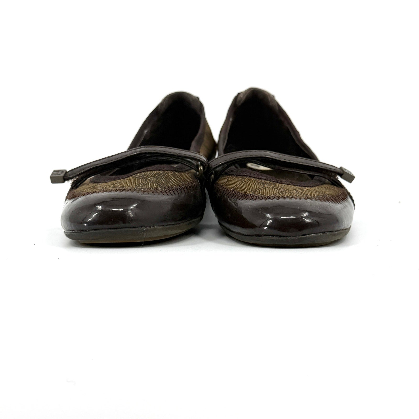 Vintage Y2K Etienne Aigner Brown Logo Pattern Patent Accent Mary Jane Flats