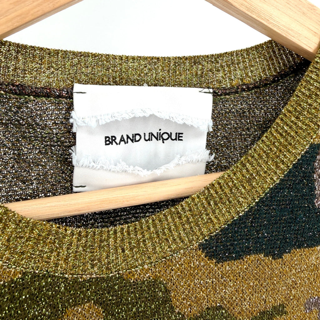Brand Unique Metallic Gold Green Camo Print Puff Sleeve Sweater