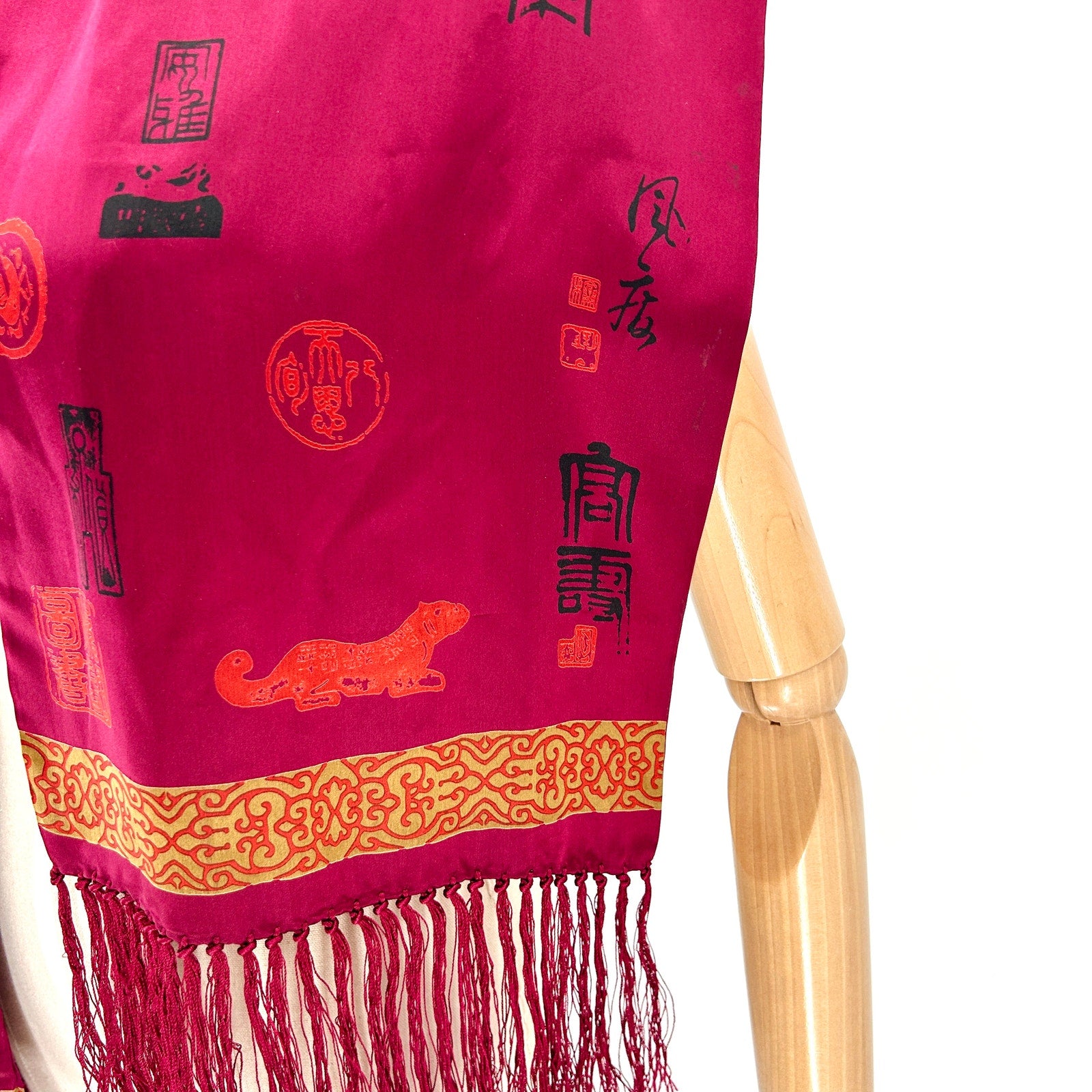 Vintage 90s Chicos Magenta Red Silk Calligraphy Fringe Rectangle Scarf