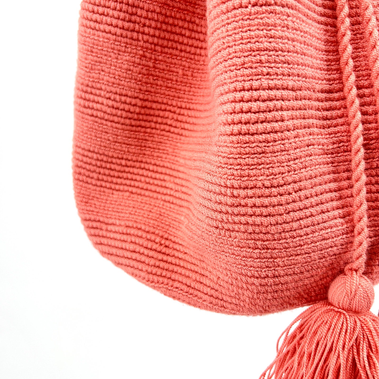 Handwoven Coral Pink Colombian Mochila Pom Pom Tassel Bucket Bag
