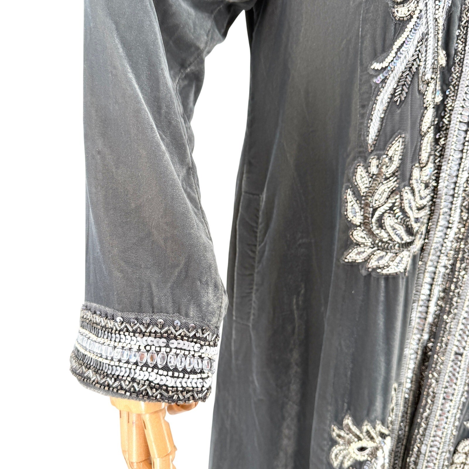 Soft Surroundings Gray Velvet Heavily Beaded Silver Duster Coat