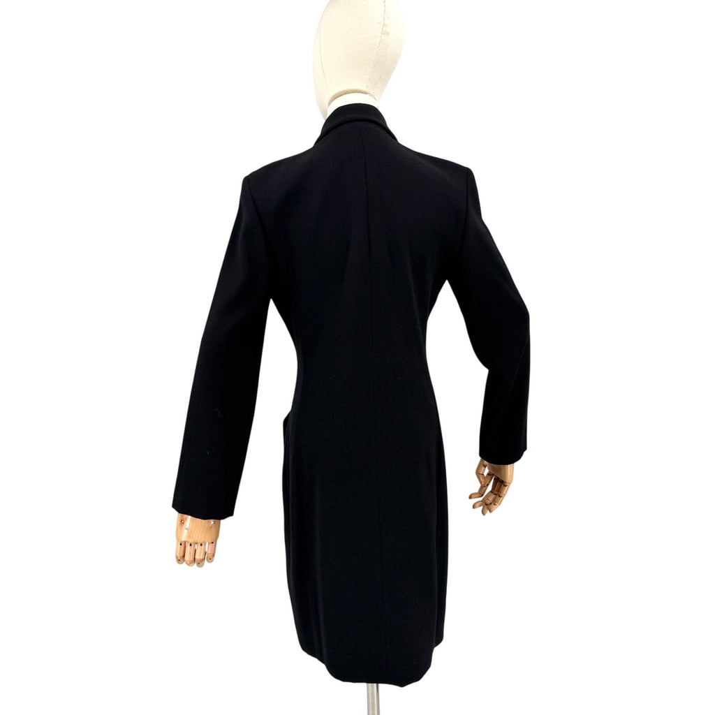 Vintage 90s Jaeger Black 100% Wool Rhinestone Button Wrap Coat Dress