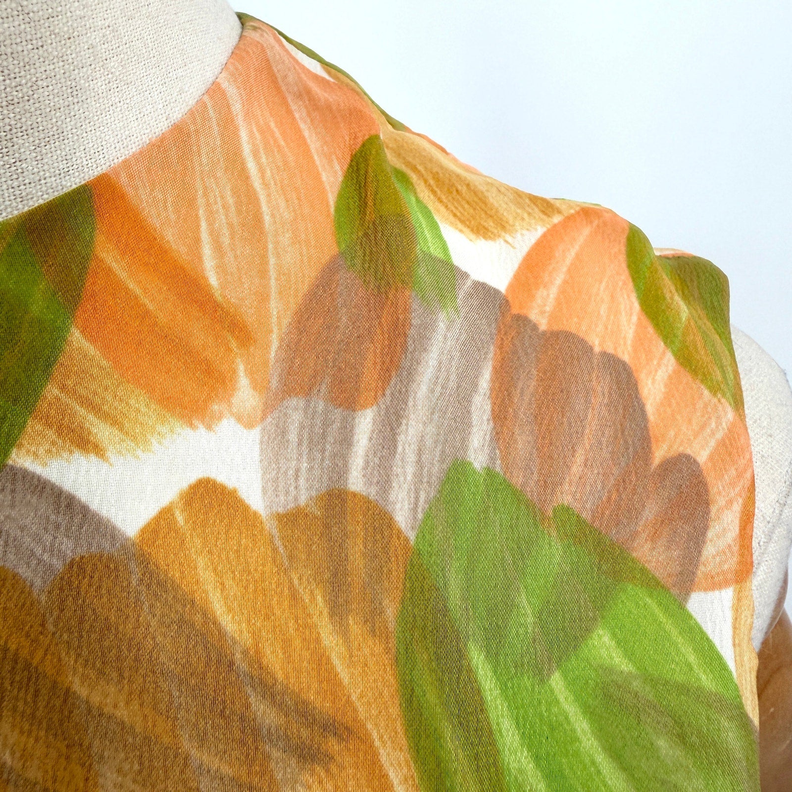 Vintage 60s Green Orange Brush Stroke Shift Garden Party Midi Pencil Dress
