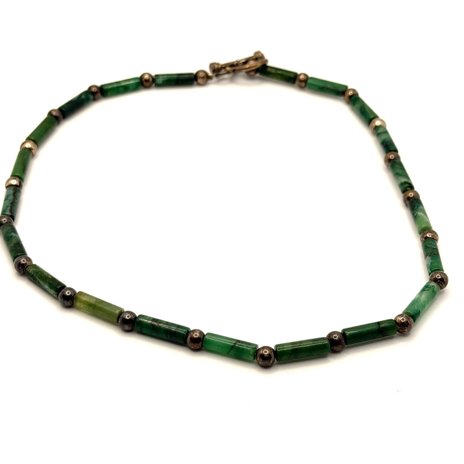 Vintage 90s Green Nephrite Jade Sterling Silver Tube Bead Toggle Necklace