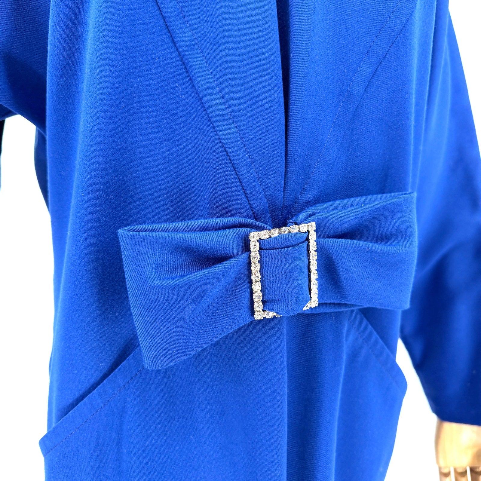 Vintage 80s Pierre Cardin Paris Royal Blue Rhinestone Bow Pocket Sheath Dress