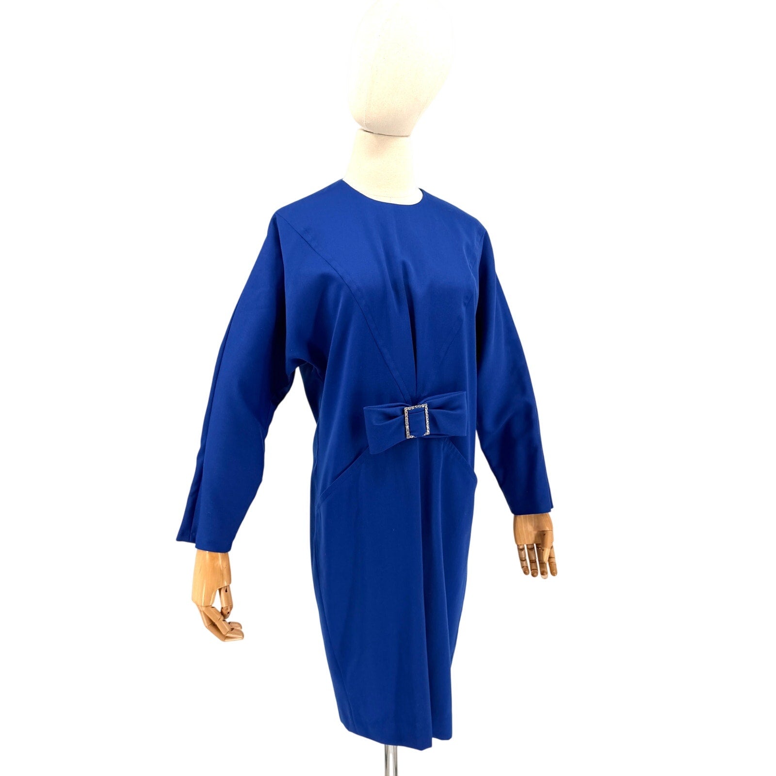 Vintage 80s Pierre Cardin Paris Royal Blue Rhinestone Bow Pocket Sheath Dress