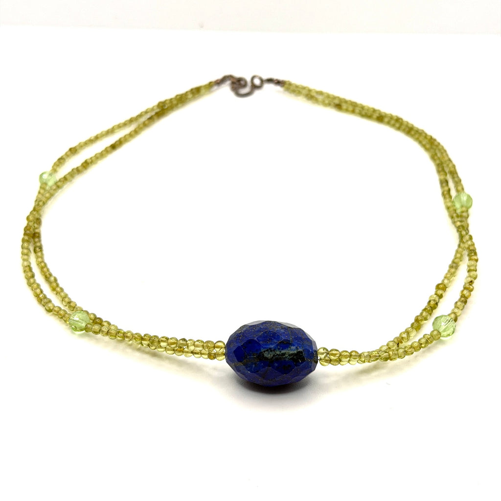 Vintage 90s Peridot Lapis Lazuli Green Blue Beaded Double Strand Necklace