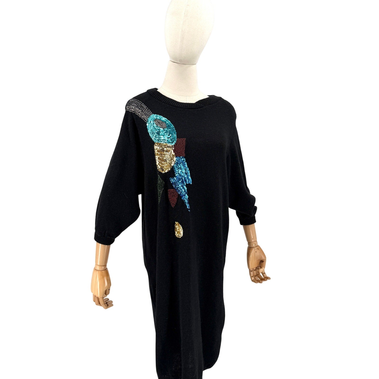Vintage 80s A'Milano Black Abstract Sequin Beaded New Wave Sweater Dress