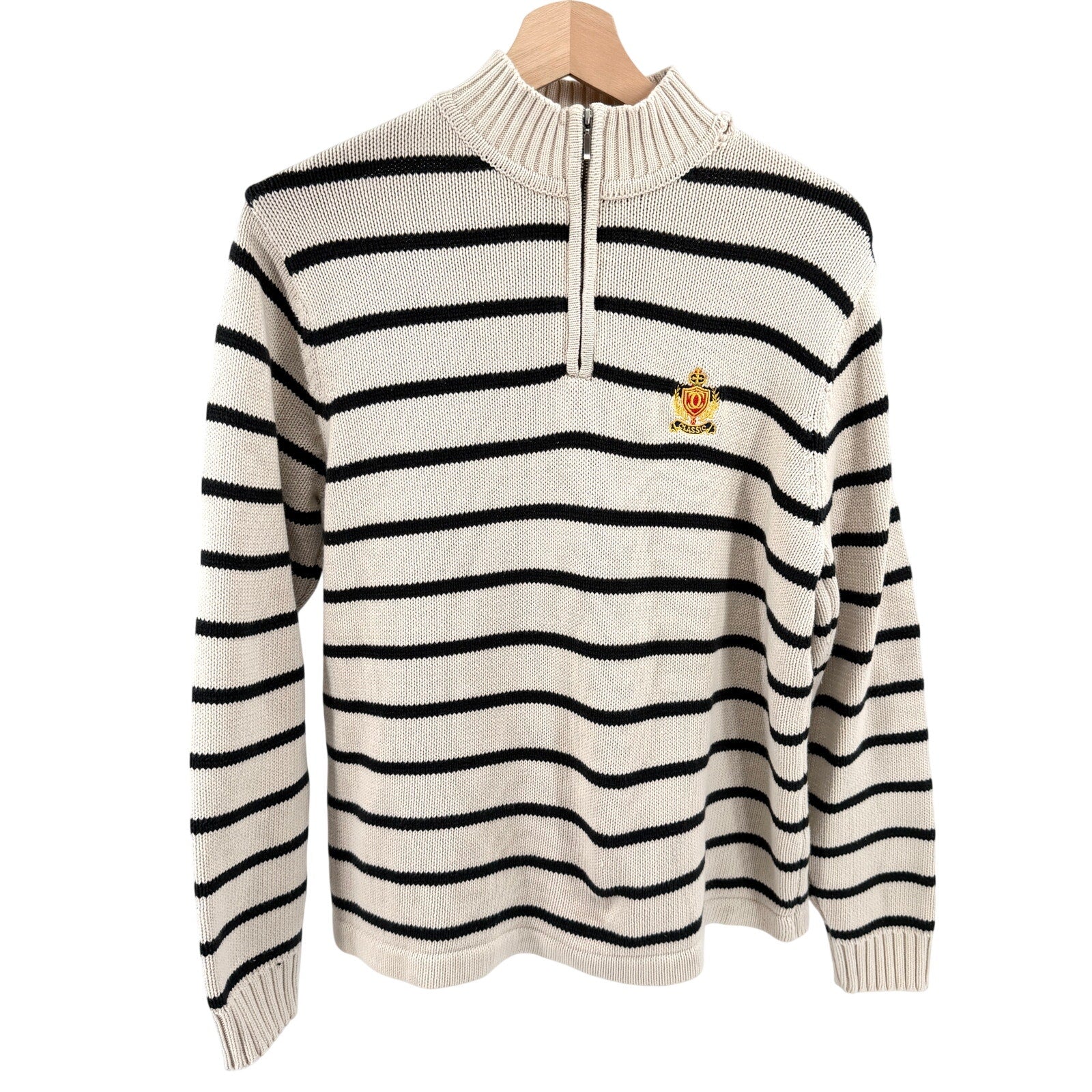 Vintage Y2K Charter Club Cream Black 100% Cotton Gold Crest Half Zip Sweater