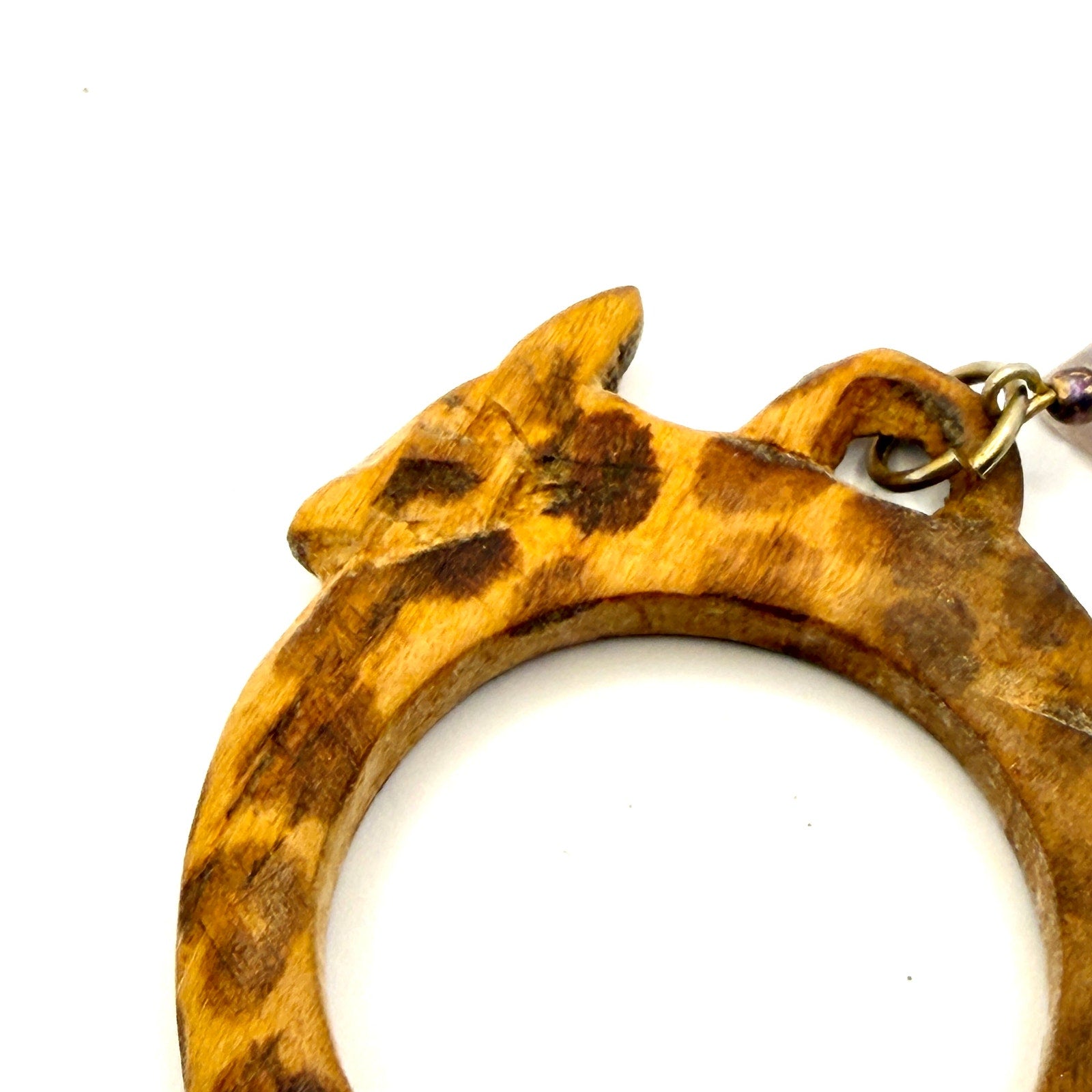 Vintage 80s Brown Carved Wood Giraffe Amethyst Hoop Earrings