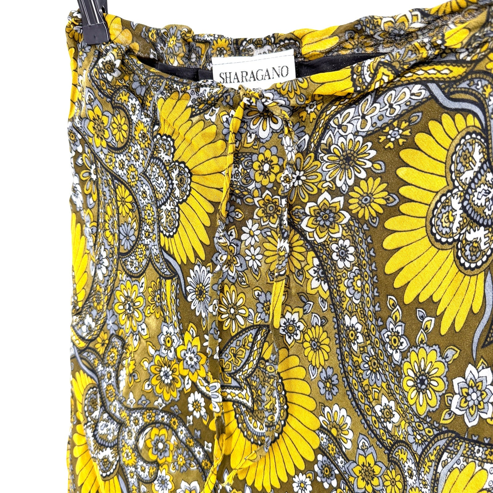 Vintage Y2K Sharagano Paris Yellow Paisley Viscose Ruffle High Low Skirt