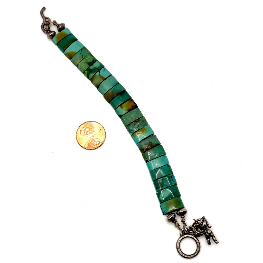 Vintage 90s Genuine Turquoise Slab Cupid Charm Toggle Bracelet