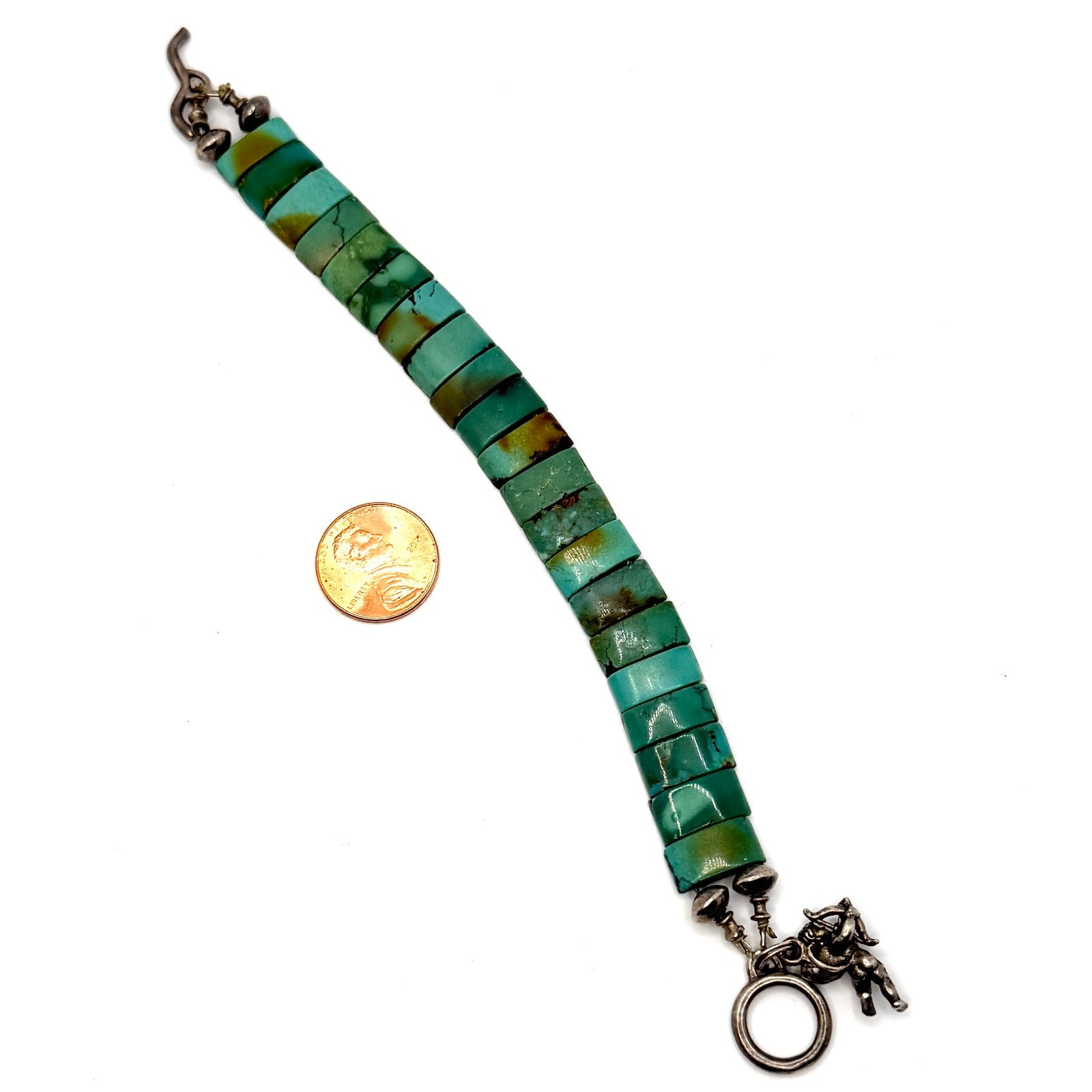 Vintage 90s Genuine Turquoise Slab Cupid Charm Toggle Bracelet