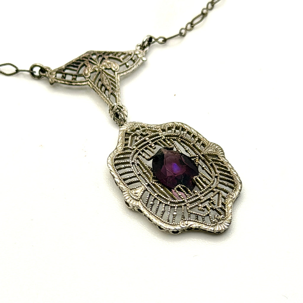 Vintage 20s Art Deco Purple Amethyst Filigree Silver Tone Lavalier Necklace