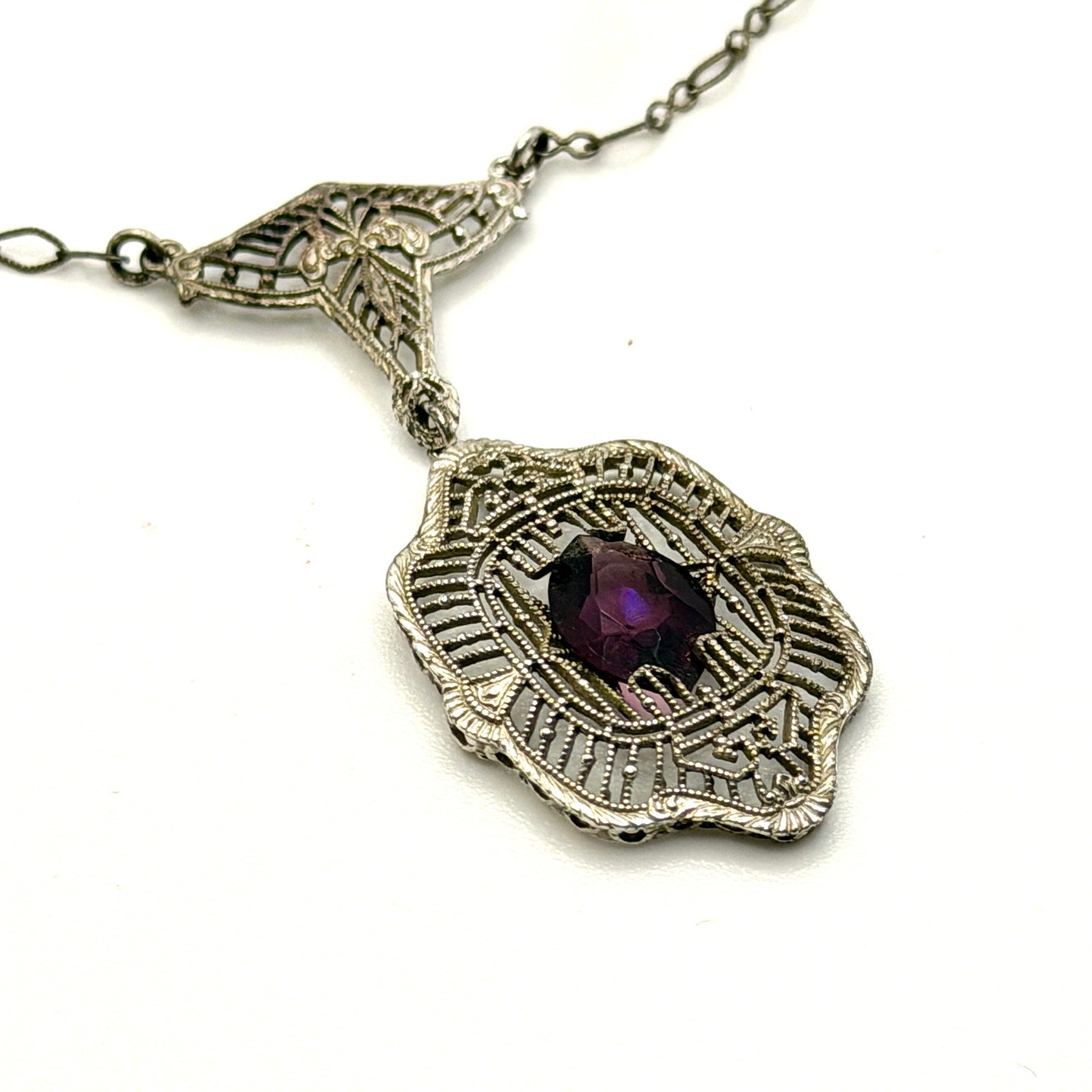 Vintage 20s Art Deco Purple Amethyst Filigree Silver Tone Lavalier Necklace