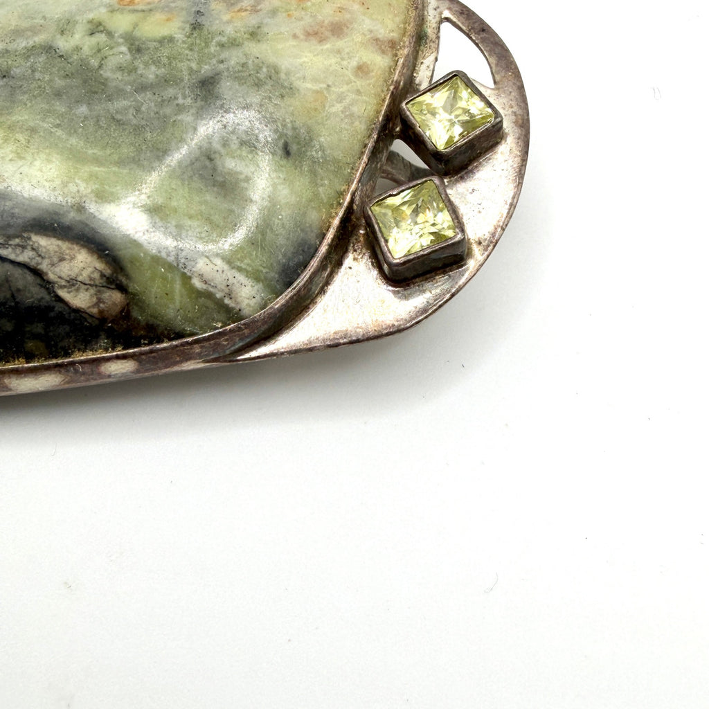 Vintage Massive Sterling Silver Green Serpentine Peridot Brooch Pendant