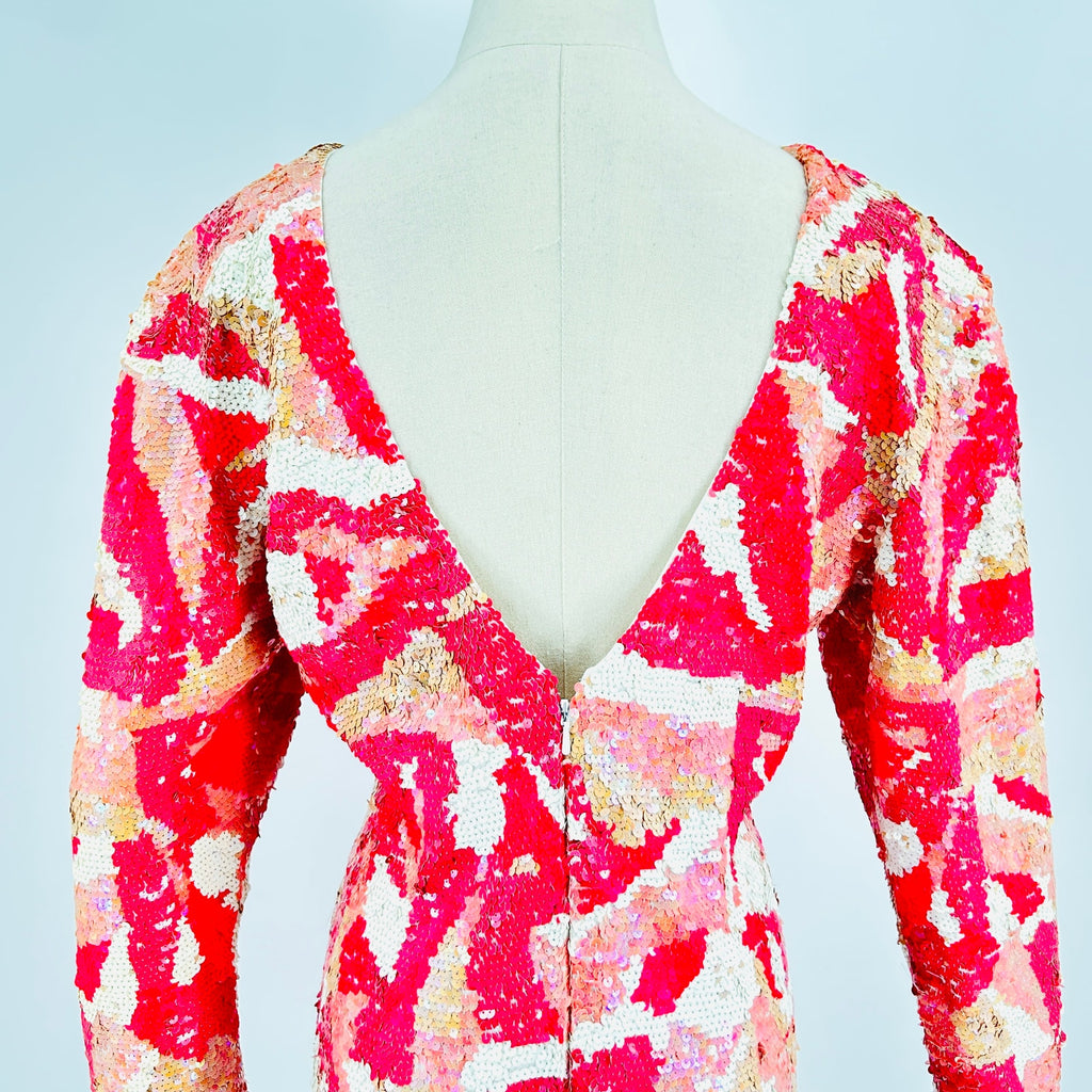 Vintage 80s Lillie Rubin Pink White Geometric Sequin V-Back Mini Dress